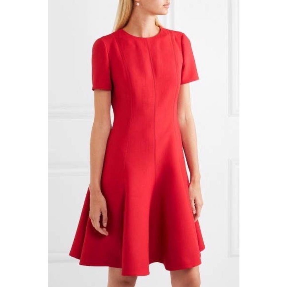 VALENTINO Red Crêpe Couture Short Sleeve Godet Wool Silk Blend Dress Sz 4